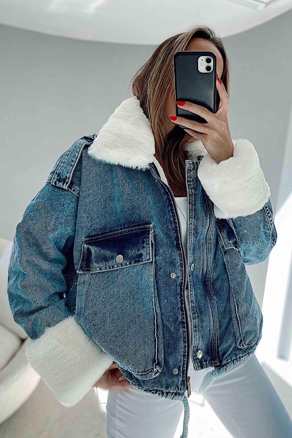 White Fur Denim Women's Short Coat Blue