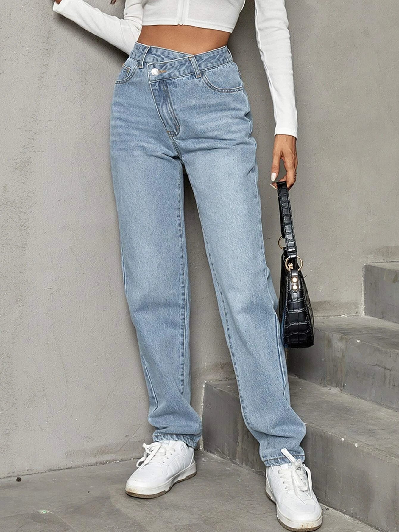 Stepped Waist Straight Leg Jeans