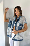 Mesh Detailed Tasseled Denim Vest Blue