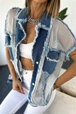 Mesh Detailed Tasseled Denim Vest Blue