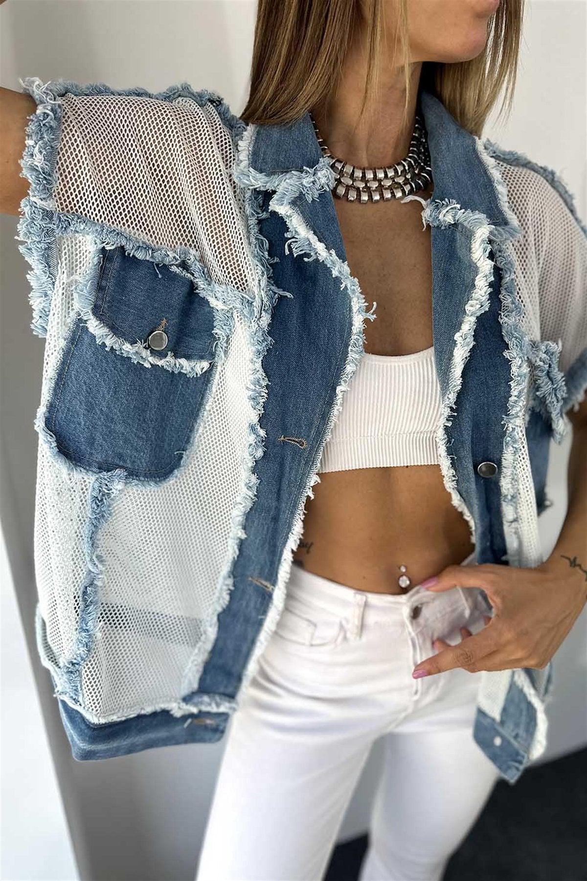 Mesh Detailed Tasseled Denim Vest Blue