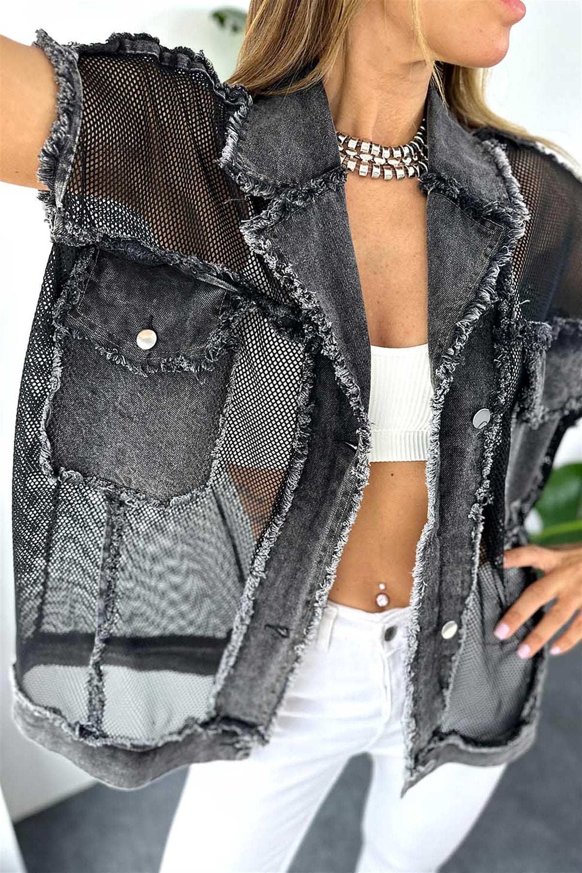 Mesh Detailed Tasseled Denim Vest Blue