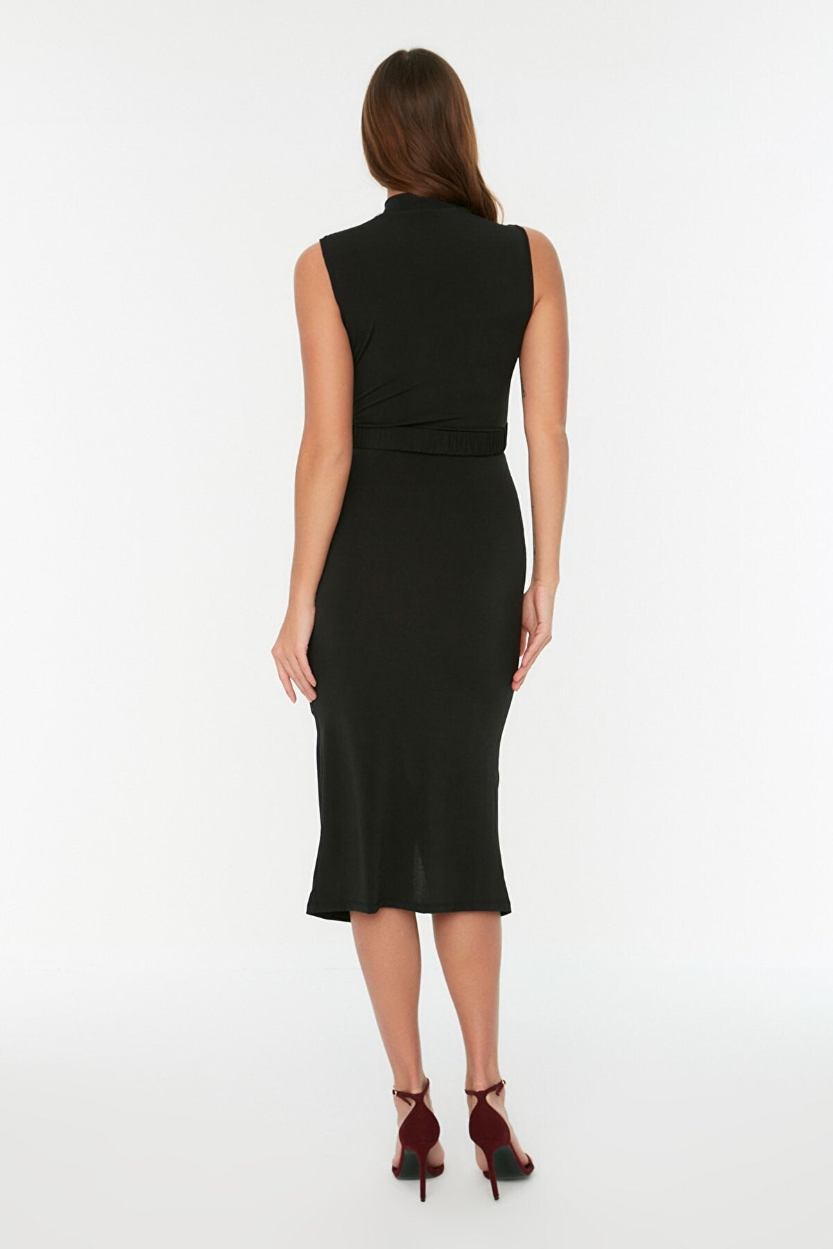 Black Fitted/ Fitted Sleeveless Draped Detailed Midi Elastic Knitted Dress With Belt TWOSS22EL0756