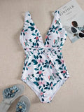 Floral & Leaf Print Ring Knot One Piece Swimsuit