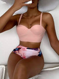 Marble Bikini Set Underwire Push Up Bra & Ruched High Waisted Bottom 2 Piece Bathing Suit