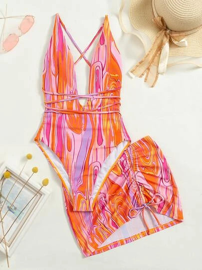 Abstract Fluid Pattern Plunging One Piece Swimsuit & Beach Skirt