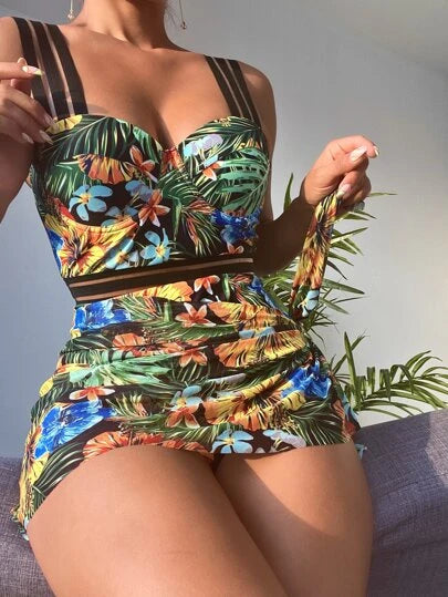 Floral & Tropical Print Push Up One Piece Swimsuit With Beach Skirt