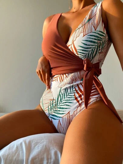 Leaf Print Knot One Piece Swimsuit