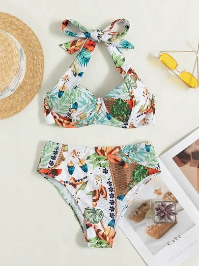 Tropical Print Push Up Halter Bikini Swimsuit