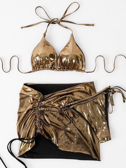 Metallic Bikini Set Halter Triangle Bra & Tie Side Bottom & Cover Up Skirt 3 Piece Bathing Suit