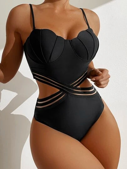 Contrast Mesh Scallop Trim Push Up One Piece Swimsuit