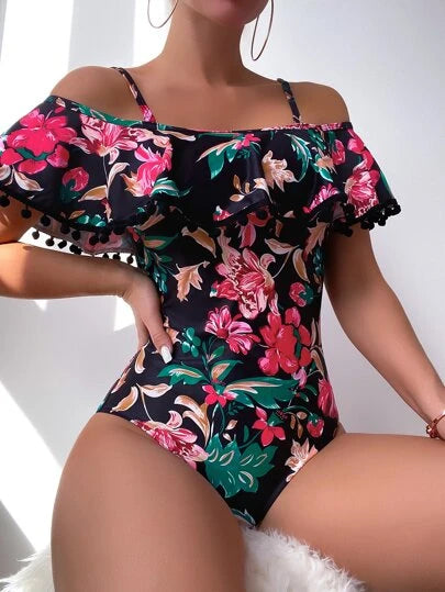 Floral Print Pom-pom Decor One Piece Swimsuit