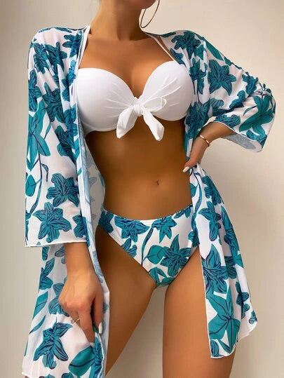 3pack Floral Print Push Up Bikini Swimsuit & Kimono