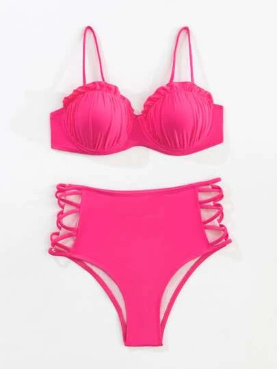 Frill Trim Push Up High Waisted Bikini Swimsuit