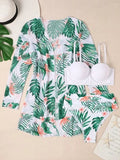 Tropical Print Bikini Set Push Up Bra & Hipster Bikini Bottom & Kimono 3 Piece Swimsuit