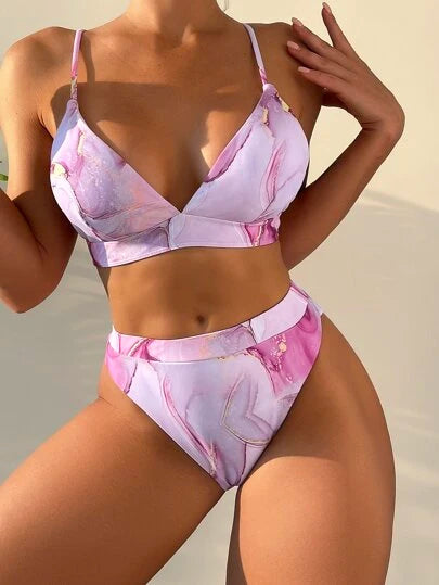 Marble Print High Waisted Bikini Swimsuit