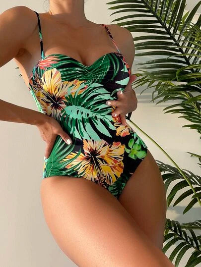 Random Tropical Print Push Up One Piece Swimsuit