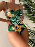 Random Tropical Print Push Up One Piece Swimsuit