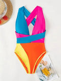 Color Block Crisscross Tie Backless Plunging Neck One Piece Swimsuit