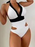 Two Tone Cut Out Tie Back Halter One Piece Swimsuit