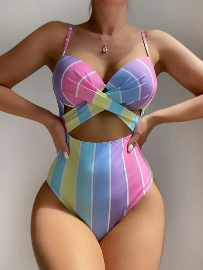 Striped Cut Out Push Up One Piece Swimsuit