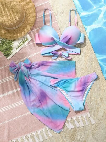 3pack Random Tie Dye Crisscross Knot Push Up Bikini Swimsuit