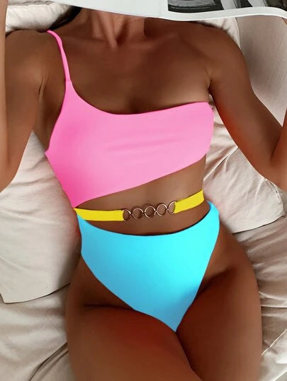 Colorblock Ring Linked Cut-out Waist One Piece Swimsuit