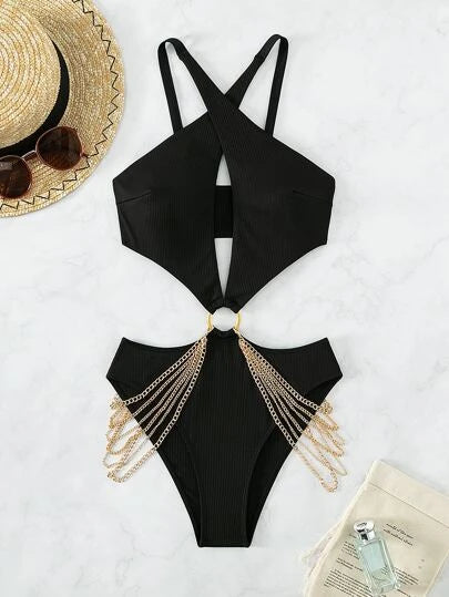 Ring Linked Chain Detail Crisscross Cut Out One Piece Swimsuit