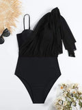 Asymmetrical Neck Ruffle Trim One Piece Swimsuit