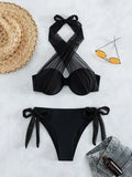 Mono Bikini Set Contrast Mesh Underwire Top & Tie Side Bottom 2 Piece Swimsuit