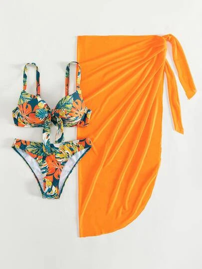 3pcs Tropical Print Push Up Bikini Swimsuit With Beach Skirt