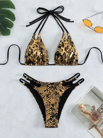 Snakeskin Print Cut Out Halter Triangle Bikini Swimsuit