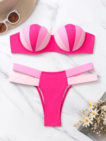 Color Block Scallop Trim Push Up Bikini Swimsuit