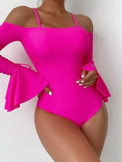 Plain Ruffle Trim One Piece Swimsuit