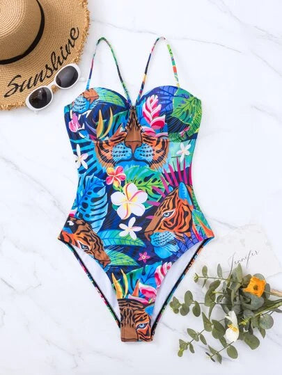 Tropical Print Push Up One Piece Swimsuit