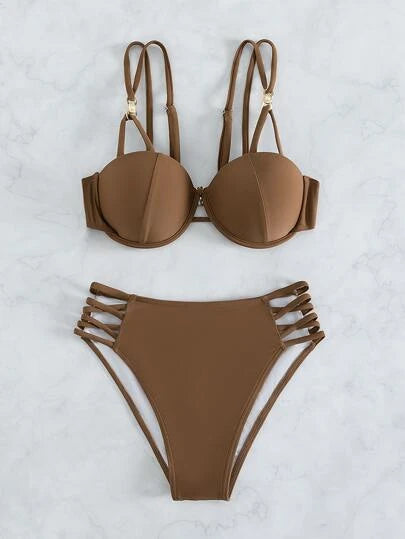 Plain Cut-out Push Up Bikini Swimsuit