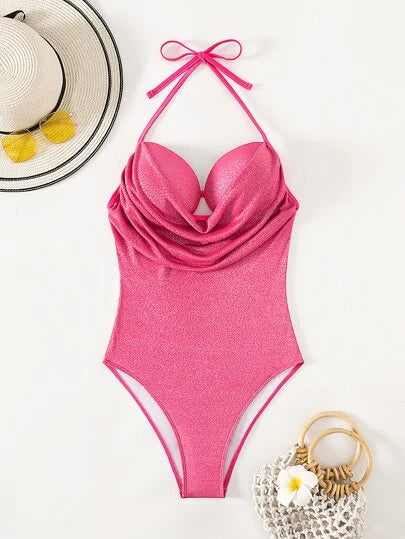 Draped Front Halter Push Up One Piece Swimsuit