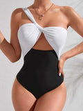 Two Tone Cut-out One Shoulder One Piece Swimsuit