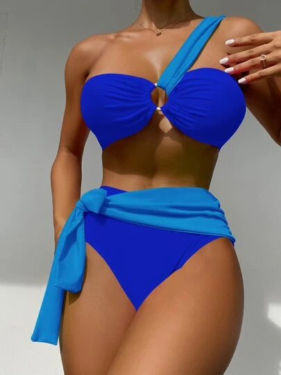 Color Block One Shoulder Knot Front Bikini Swimsuit