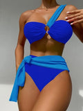 Color Block One Shoulder Knot Front Bikini Swimsuit