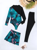 Full Body Tropical Print High Neck One Piece Swimsuit & Swim Leggings & Swim Skirt