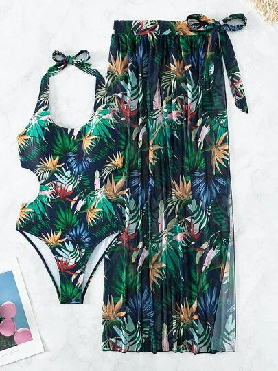 Tropical Print Cut Out Halter One Piece Swimsuit With Beach Skirt