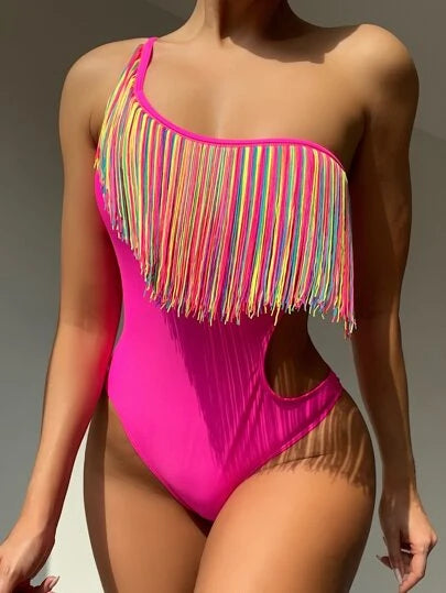 Fringe Trim Cut Out One Shoulder One Piece Swimsuit