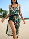 Leopard & Tropical Print One Piece Swimsuit With Beach Skirt