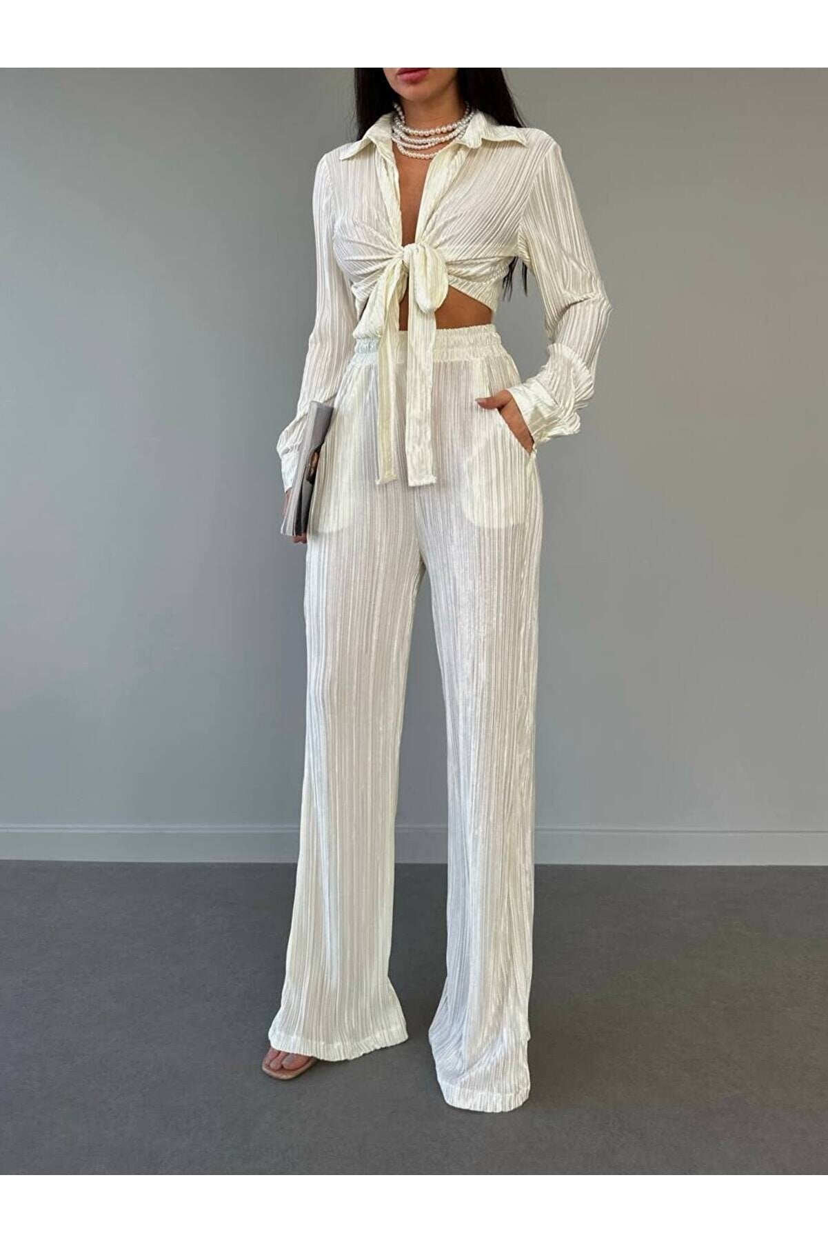 Women's Pleated Suit Pocketed Shabby Palazzo Pants And Front-Tie Blouse Laluna708PPT