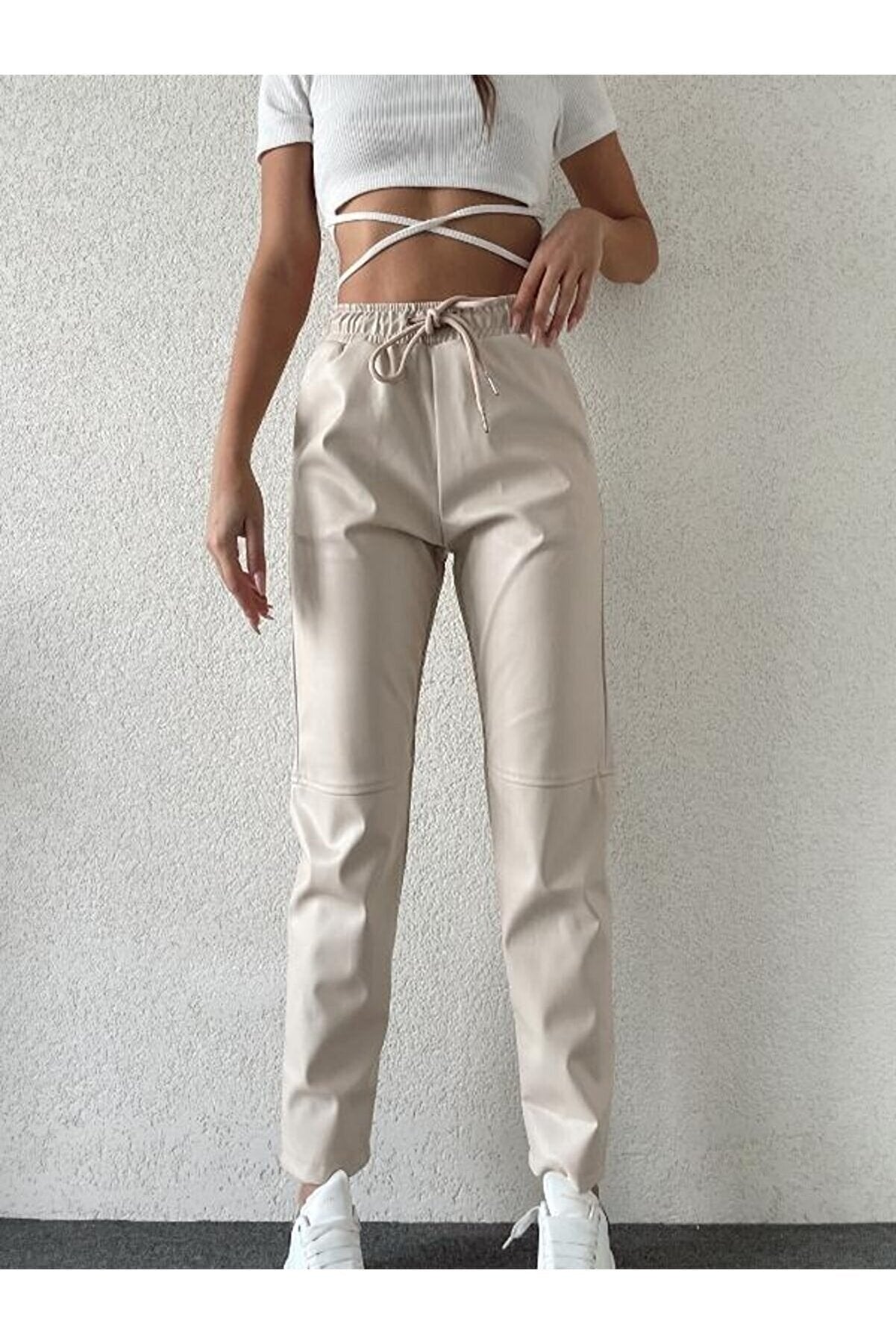 Tied Waist Knee Stitching Detail Leather Trousers