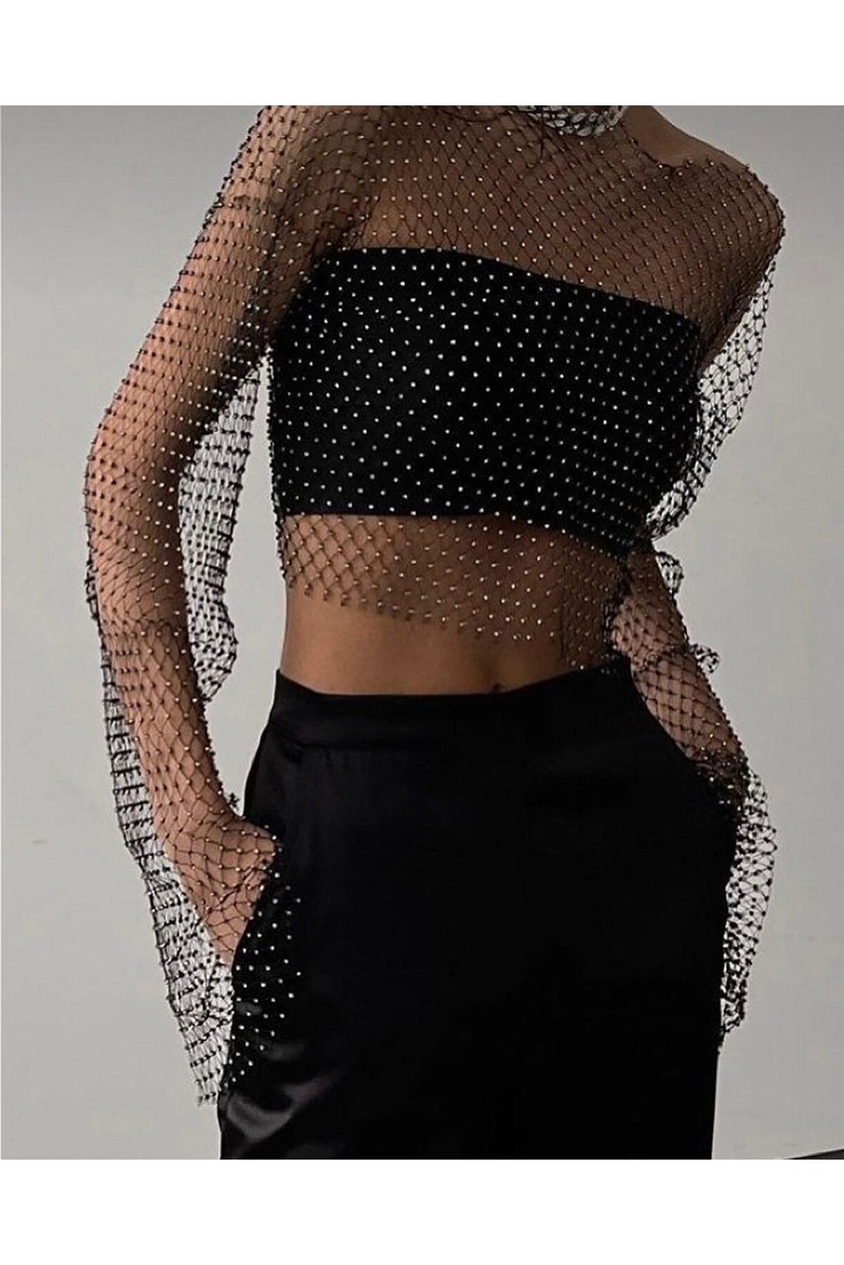 Crystal Stone Mesh Crop Blouse Nh1824