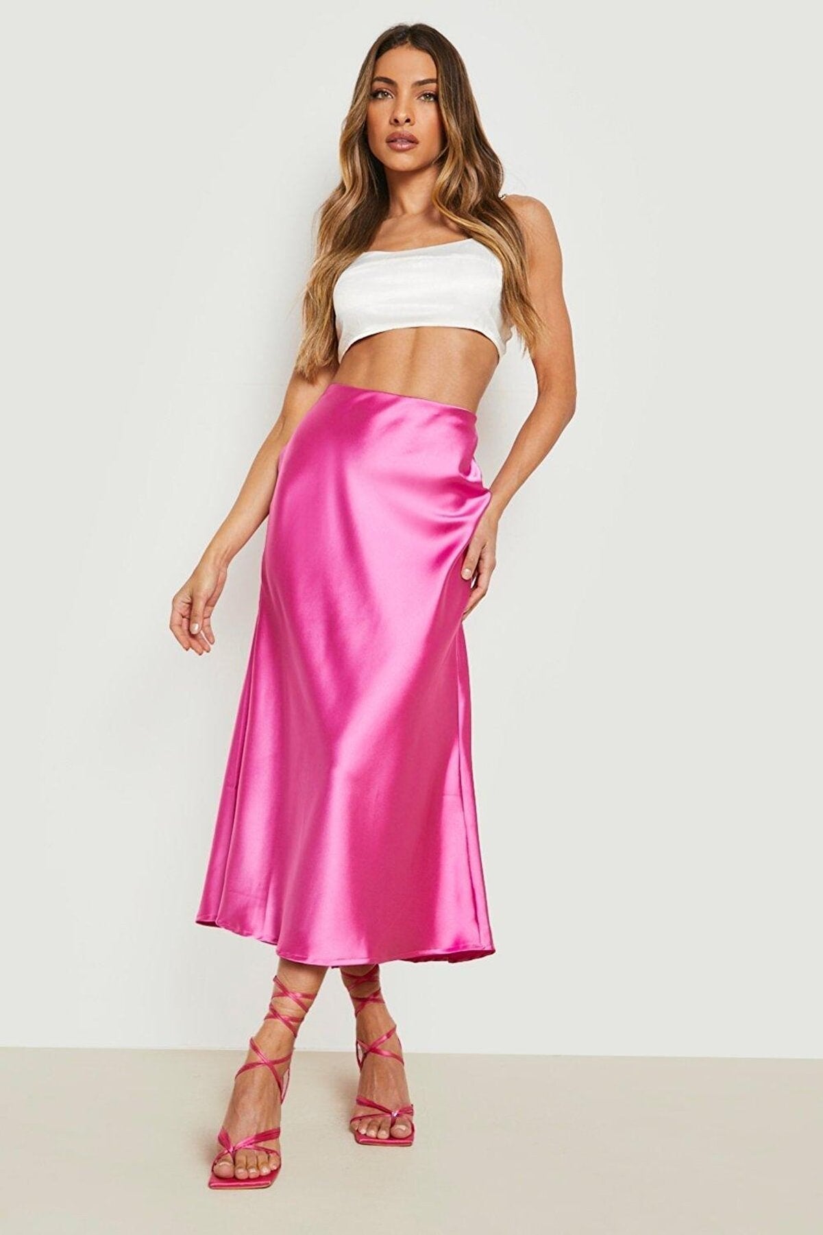 Pink Color Elastic Waist Cotton Fabric Midi Length Satin Premium Skirt JS70070