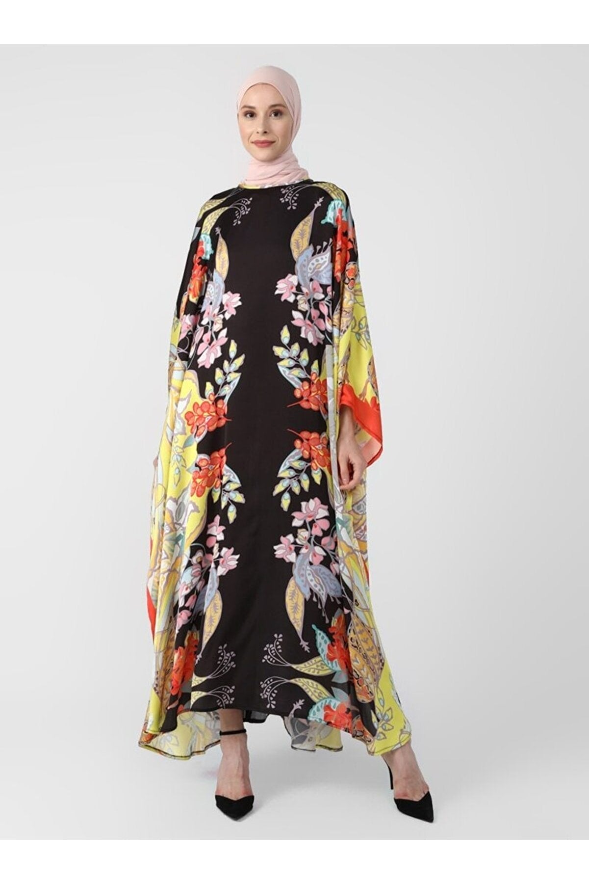 Floral Pattern Satin Abaya Abaya - Yellow Black Pattern - Woman 8427829