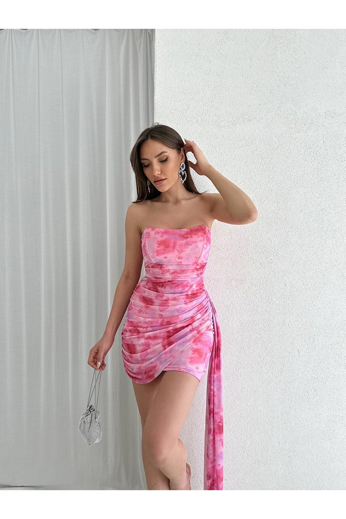 Draped Pendant Fabric Detailed Mini Pink Dress mk1176